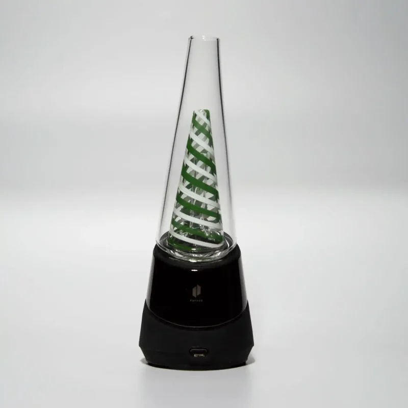 Puffco Peak Pro glass attachment in Wiidz green twist design, expertly installed and oriented to the south, showcasing its unique aesthetic and functionality.