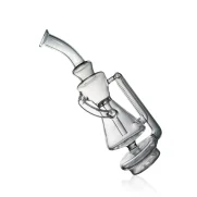 Puffco Peak Pro glass attachment featuring a Wiidz recycler design, presented at a tilted angle for a unique perspective.