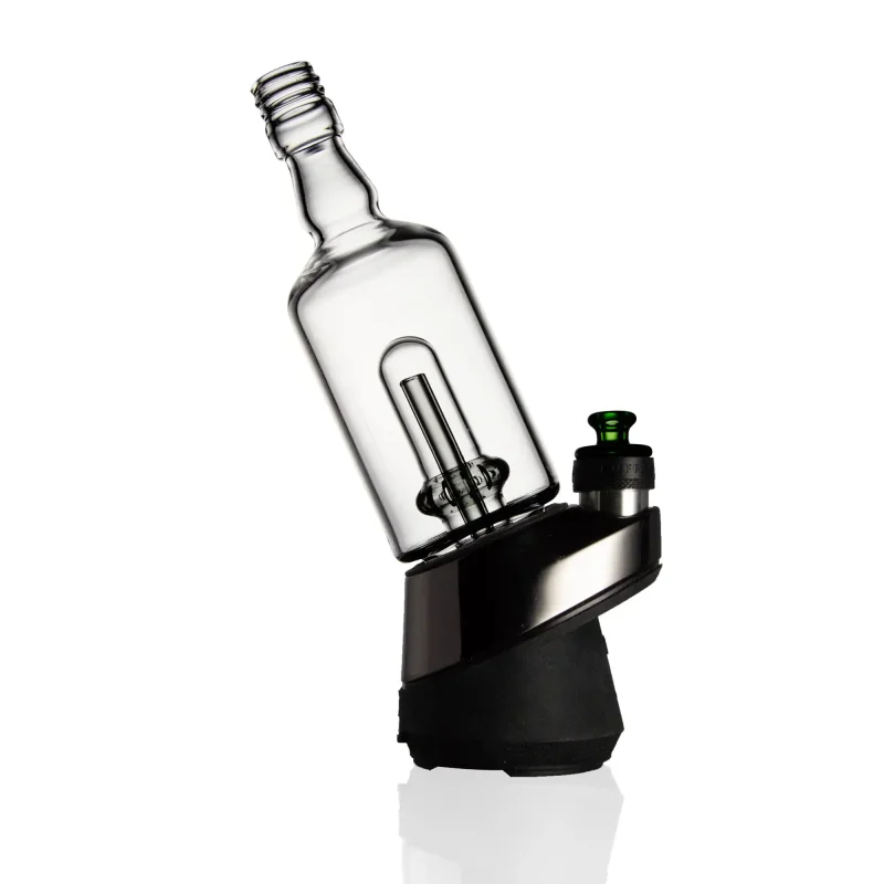 Puffco Peak Pro glass attachment in Wiidz Tipsy Black color installed, oriented towards the west, with a shadow effect creating a striking visual contrast.