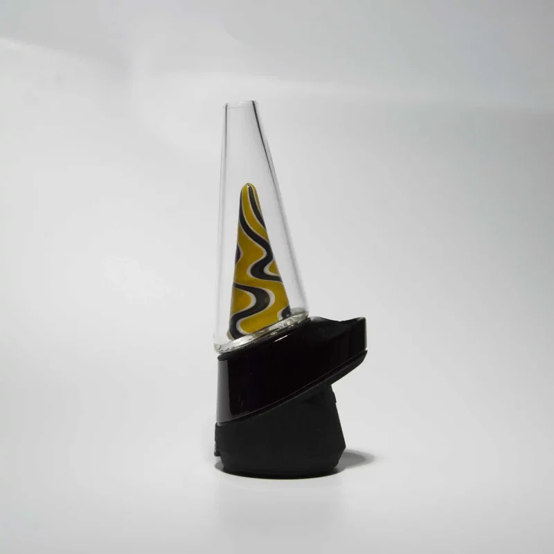 Puffco Peak Pro glass attachment in Wiidz yellow color installed facing west, showcasing its unique design and functionality for enhanced vaping experience.